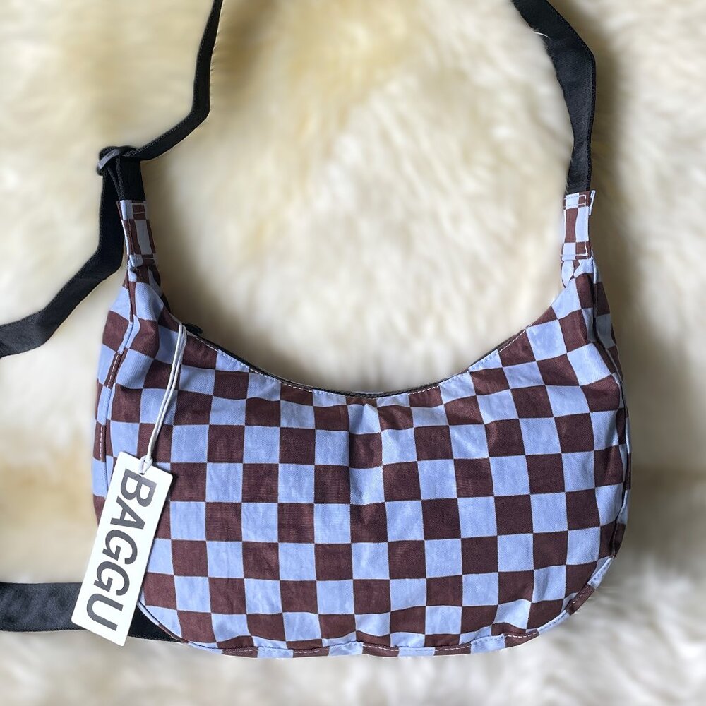 NWT Baggu Medium Crescent Bag - Brown Blue Check